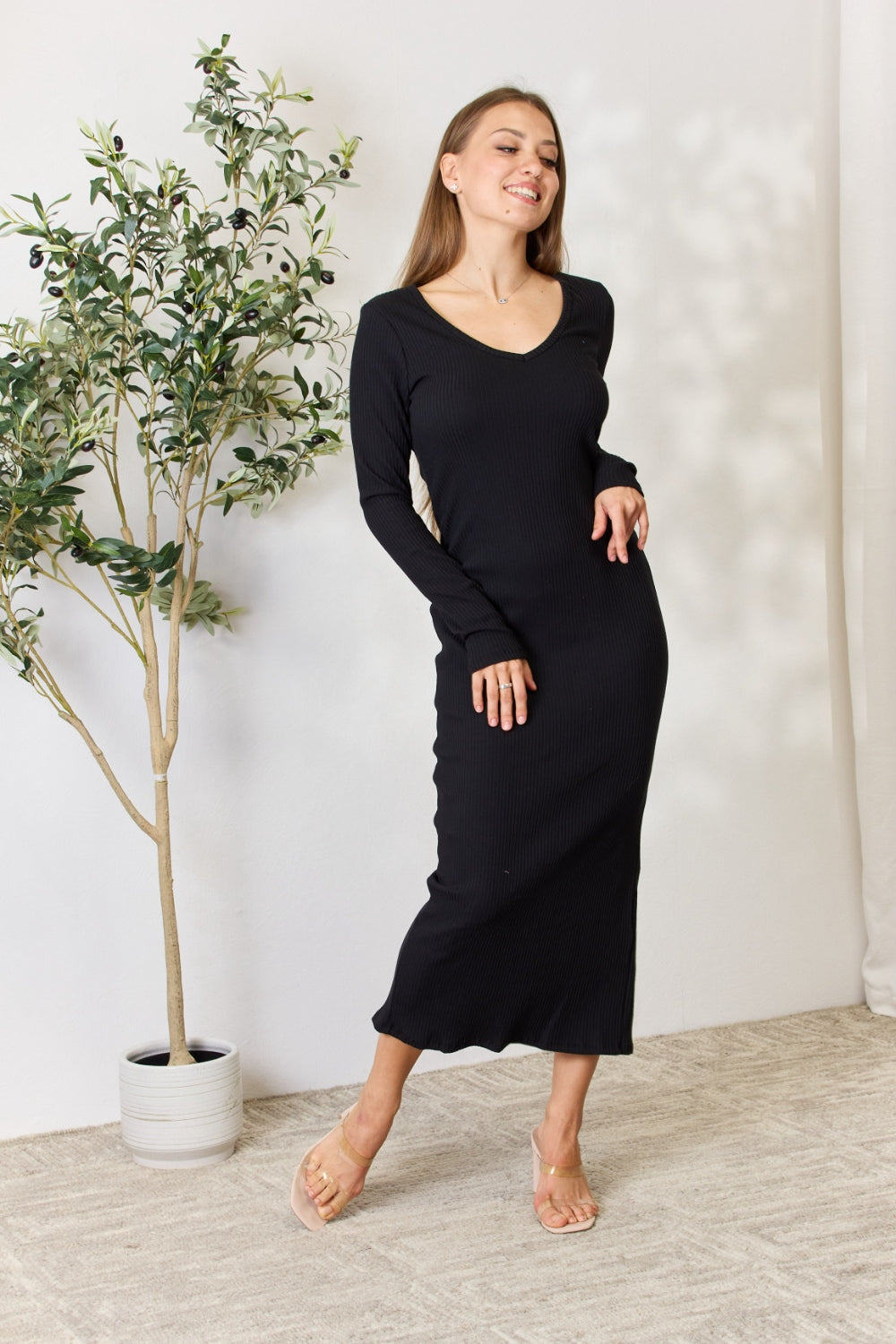 Culture Code Full Size Ribbed Long Sleeve Midi Slit Dress - PLUS DRESSES - Black