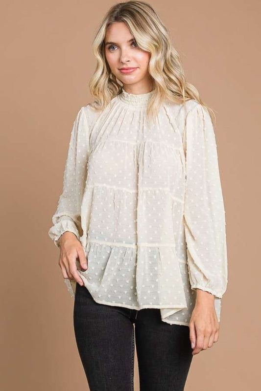 Culture Code Full Size Swiss Dot Smocked Mock Neck Blouse - IVORY CREAM / S - TOPS - Ivory