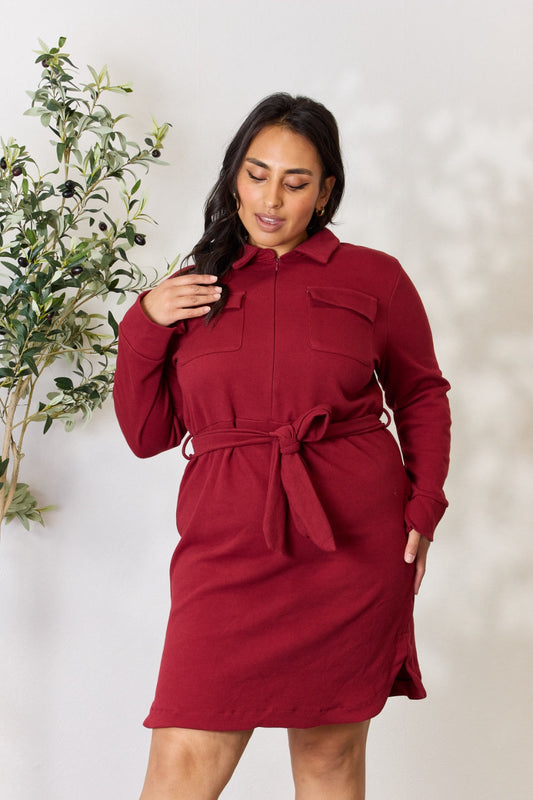 Culture Code Full Size Tie Front Half Zip Long Sleeve Shirt Dress - BURGUNDY / S - PLUS DRESSES - Burgandy