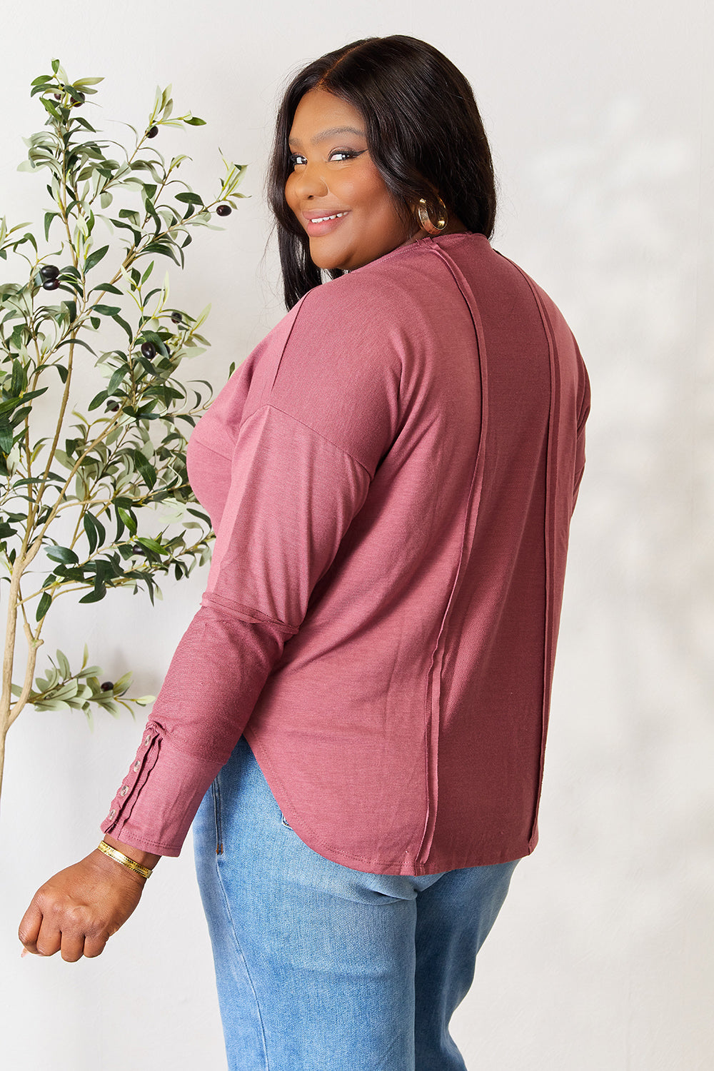 Culture Code Full Size V-Neck Exposed Seam Long Sleeve Blouse - TOPS - Berry