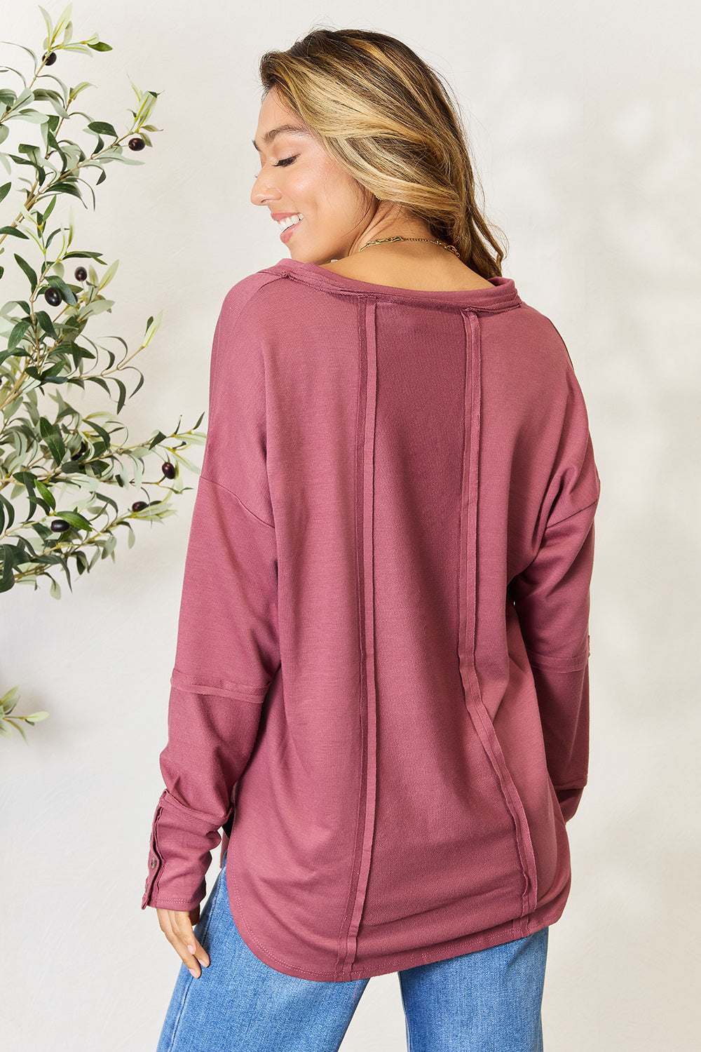 Culture Code Full Size V-Neck Exposed Seam Long Sleeve Blouse - TOPS - Berry