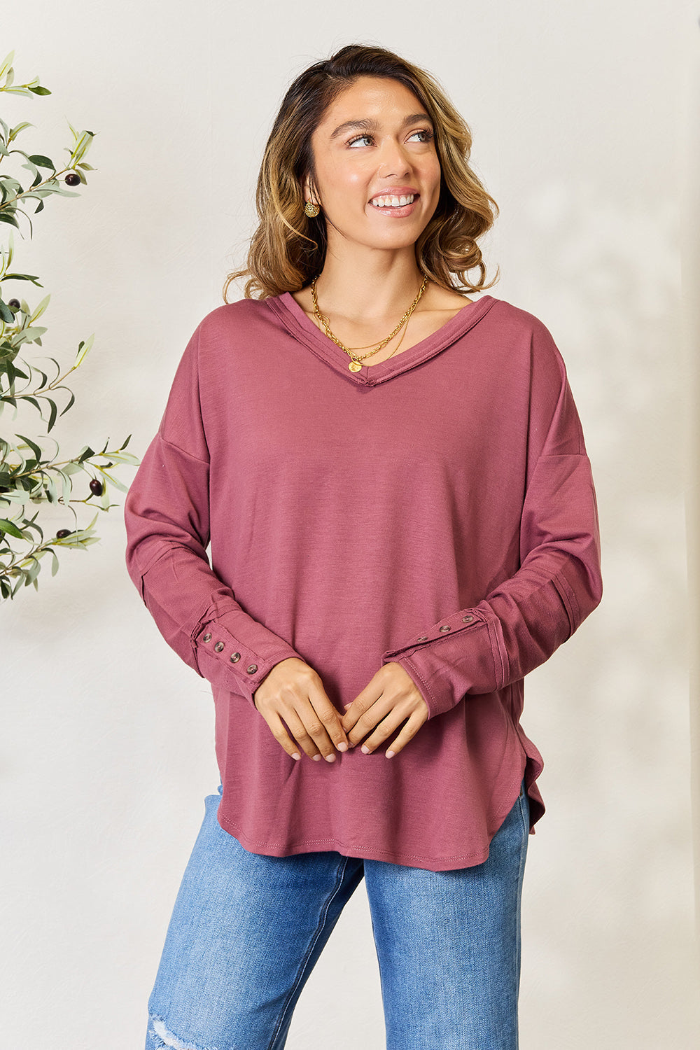 Culture Code Full Size V-Neck Exposed Seam Long Sleeve Blouse - TOPS - Berry