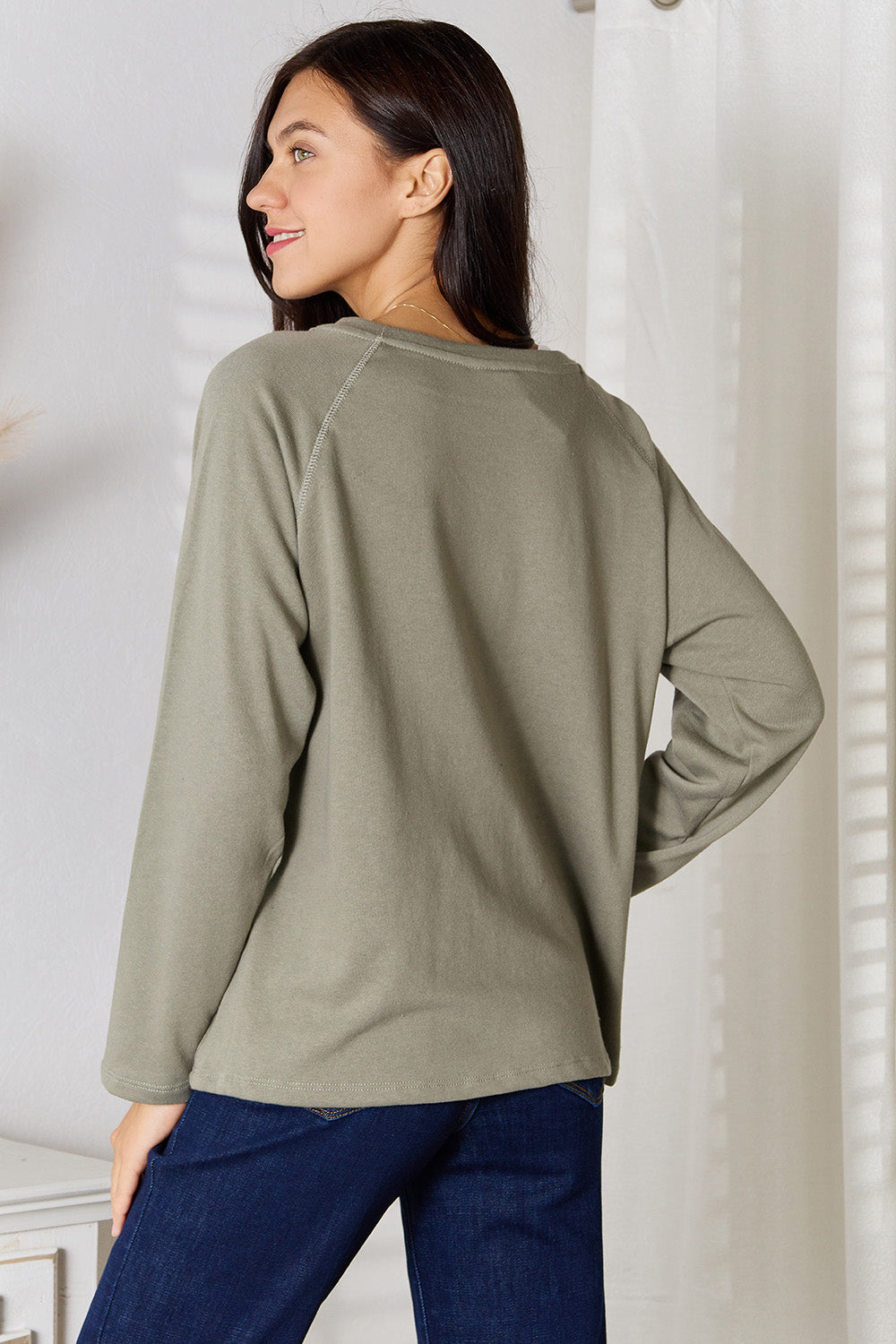 Culture Code Full Size V-Neck Long Sleeve T-Shirt - SHIRTS & BLOUSES - Sage