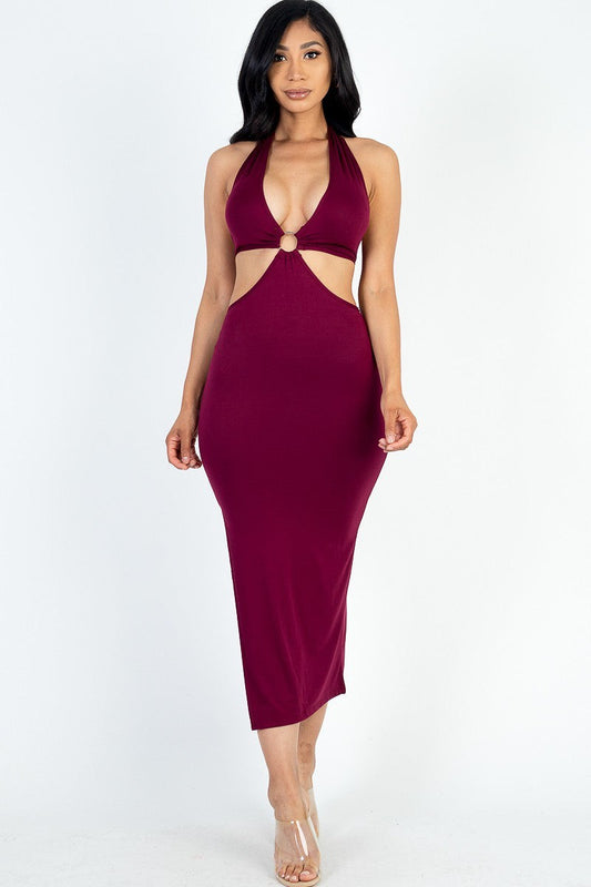 Cut-out Halter Neck Double Back Tie Split Thigh Midi Dress Smile Sparker