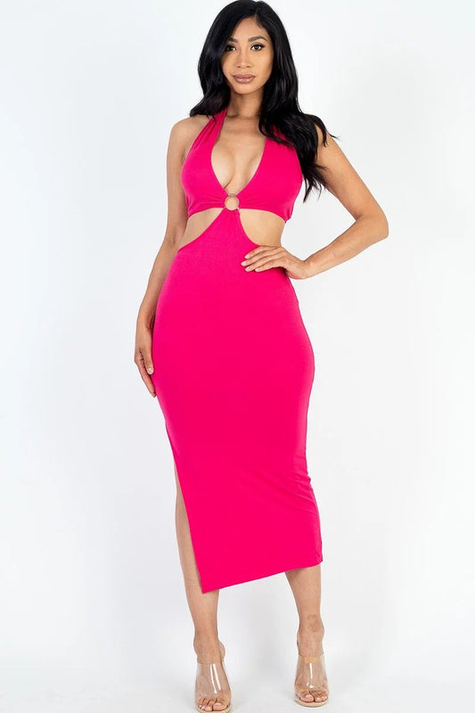 Cut-out Halter Neck Double Back Tie Split Thigh Midi Dress Smile Sparker