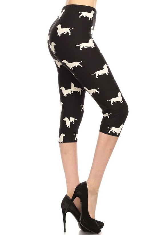 Dog Print, High Waisted Capri Leggings In A Fitted Style With An Elastic Waistband. Smile Sparker