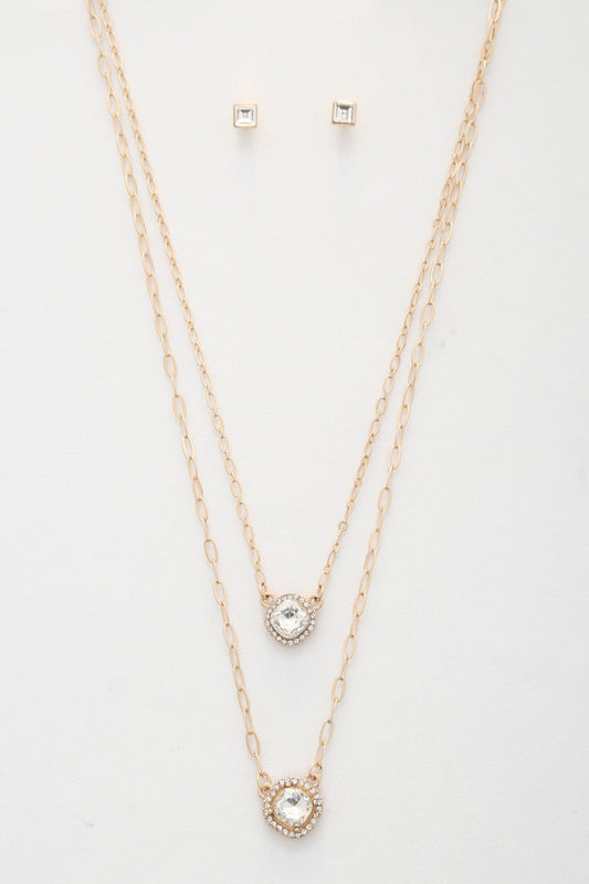Double Crystal Metal Layered Necklace Smile Sparker