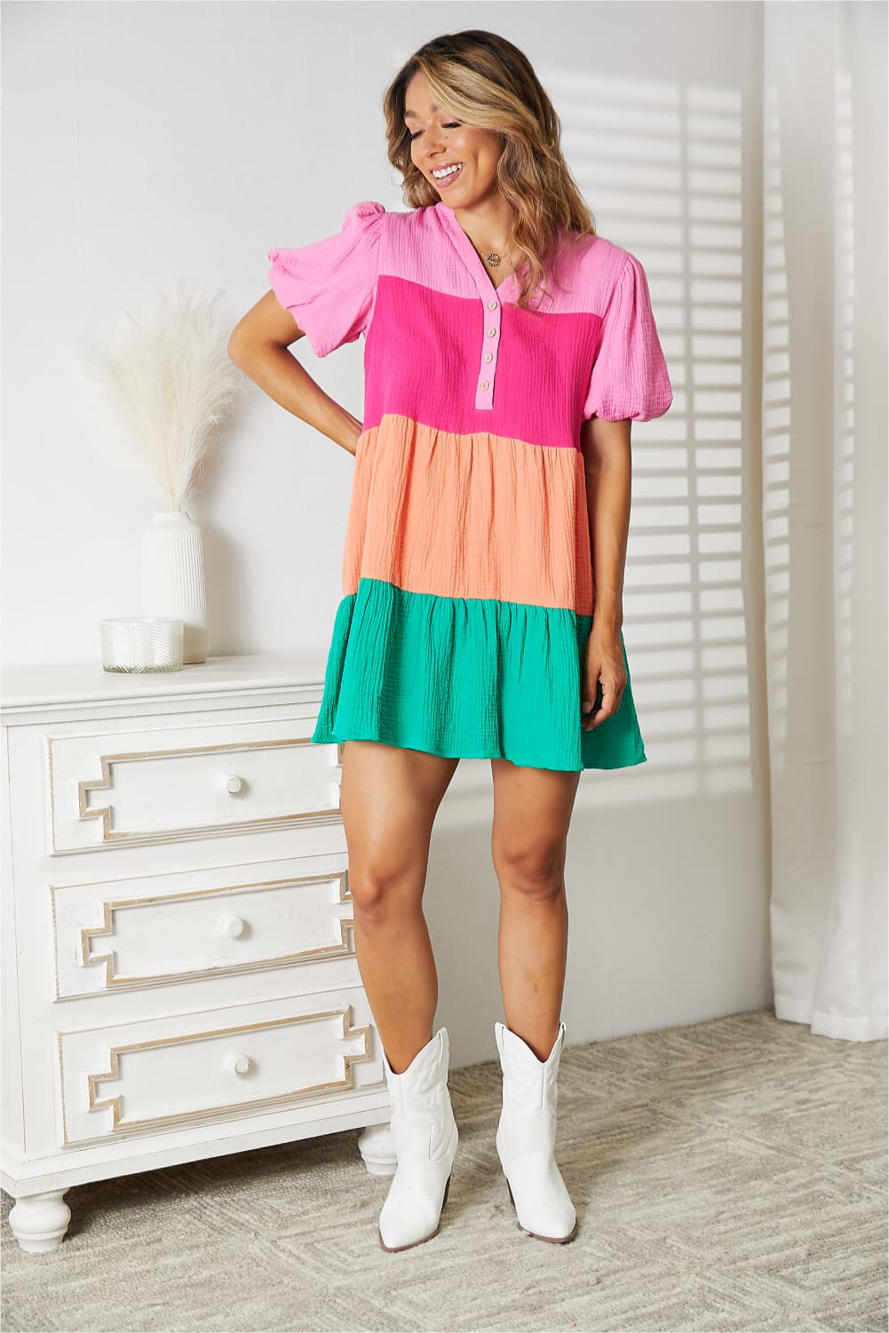 Double Take Color Block Buttoned Puff Sleeve Dress - DRESSES - Multi