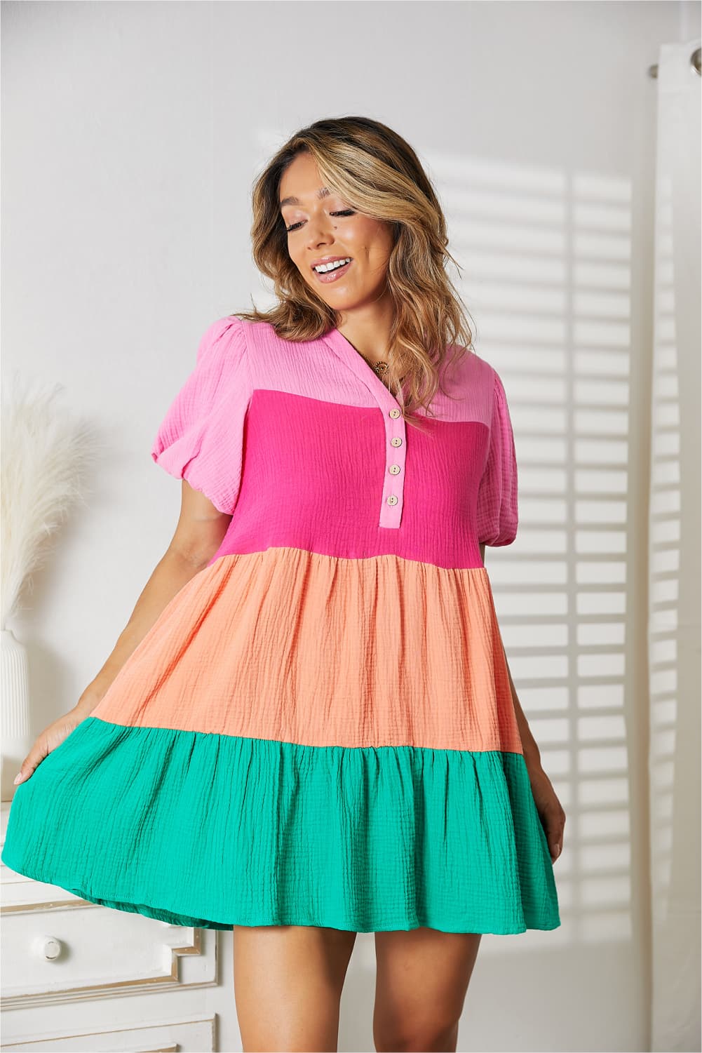 Double Take Color Block Buttoned Puff Sleeve Dress - DRESSES - Multi