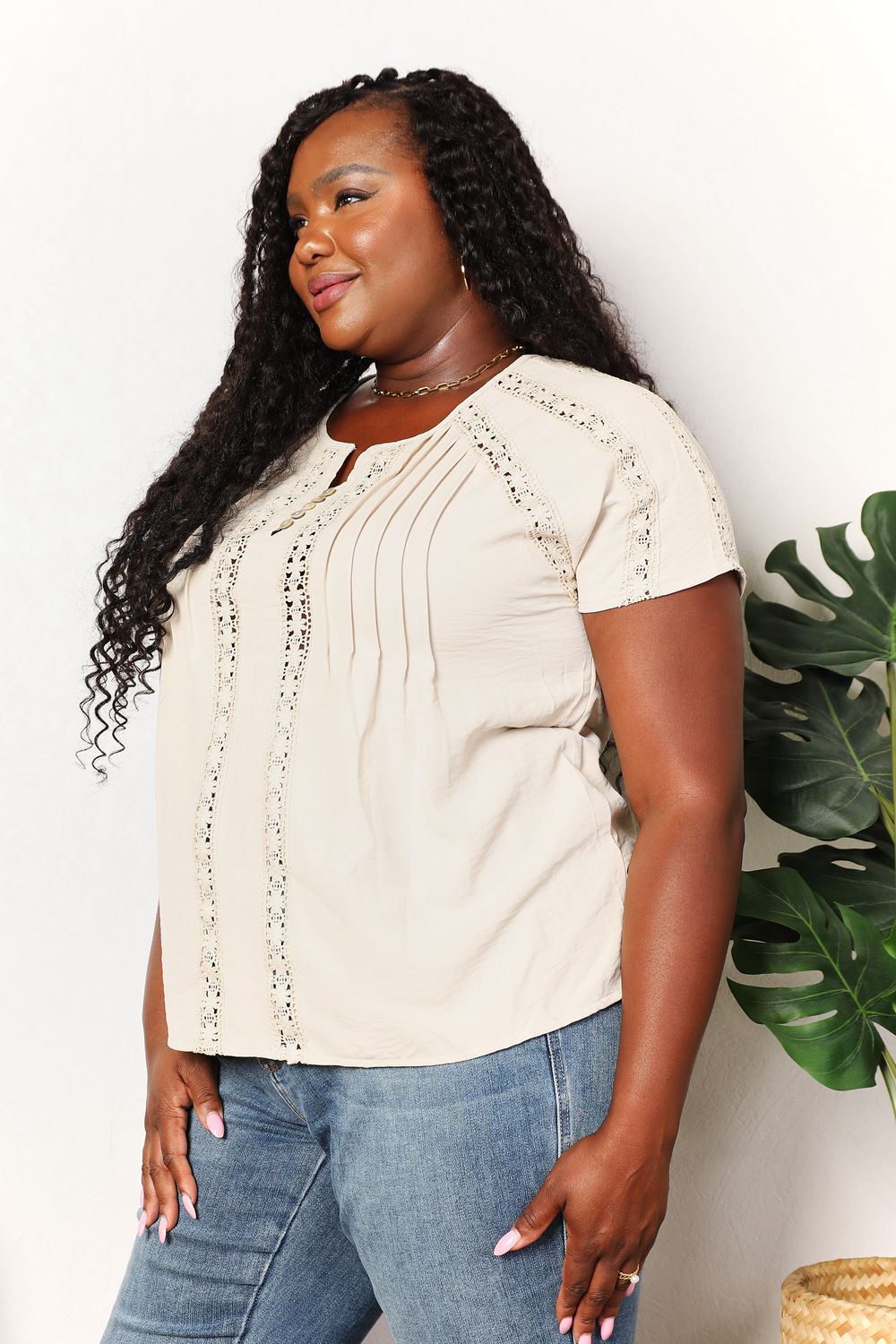 Double Take Crochet Buttoned Short Sleeves Top - SHIRTS & BLOUSES - White