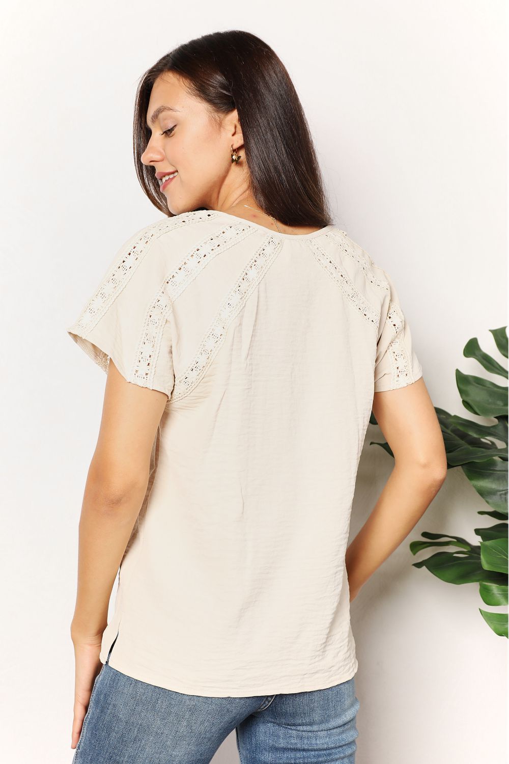 Double Take Crochet Buttoned Short Sleeves Top - SHIRTS & BLOUSES - White