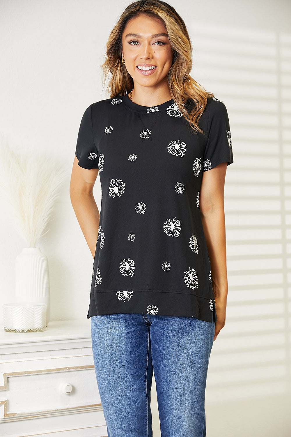 Double Take Dandelion Print Round Neck T-Shirt - SHIRTS & BLOUSES - Black