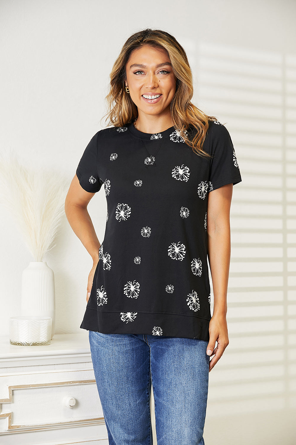 Double Take Dandelion Print Round Neck T-Shirt - SHIRTS & BLOUSES - Black