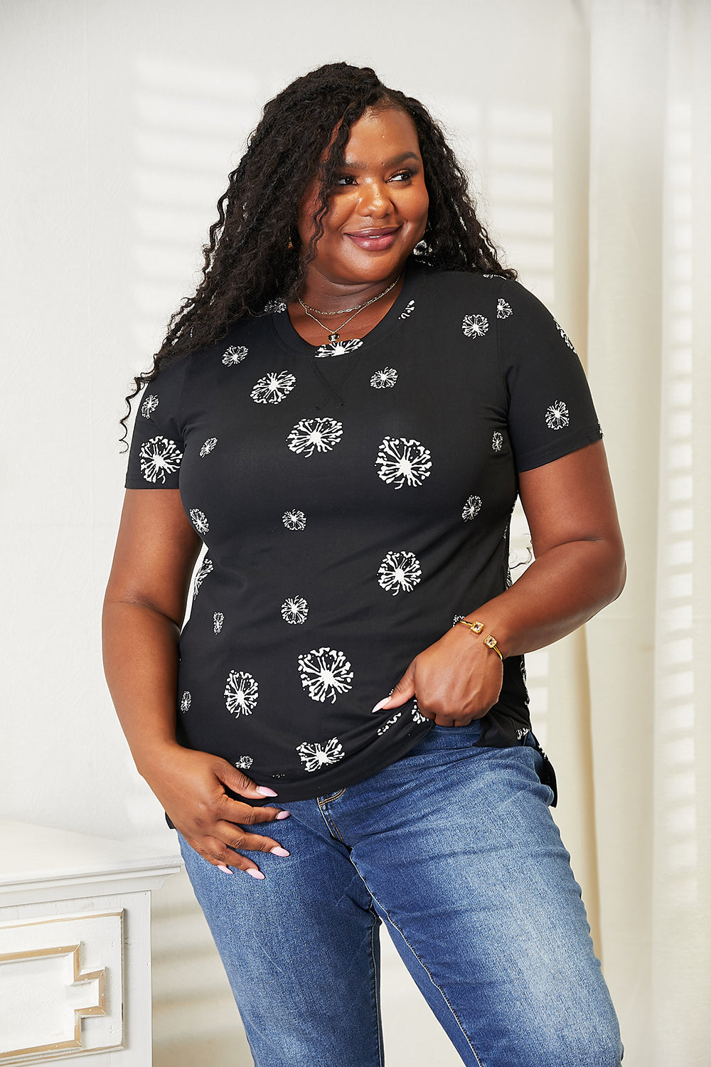 Double Take Dandelion Print Round Neck T-Shirt - SHIRTS & BLOUSES - Black