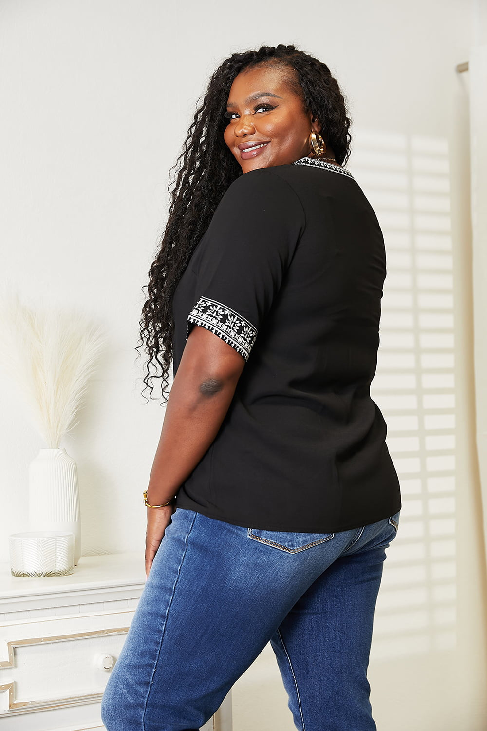 Double Take Embroidered Notched Neck Top - TOPS - Black