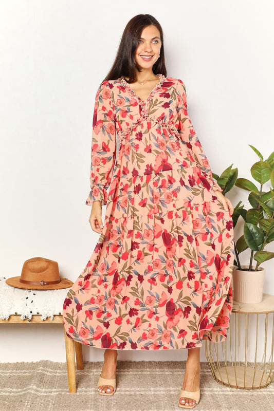 Double Take Floral Frill Trim Flounce Sleeve Plunge Maxi Dress - Floral / S - DRESSES - Floral print