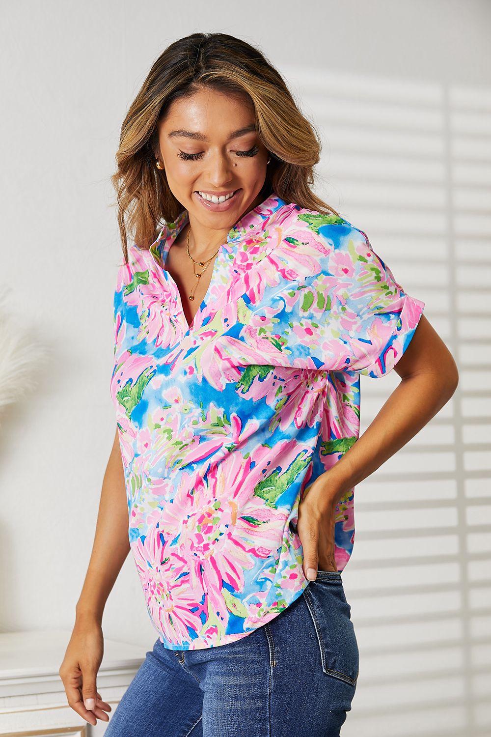 Double Take Floral Notched Neck Short Sleeve Top - TOPS - Multi