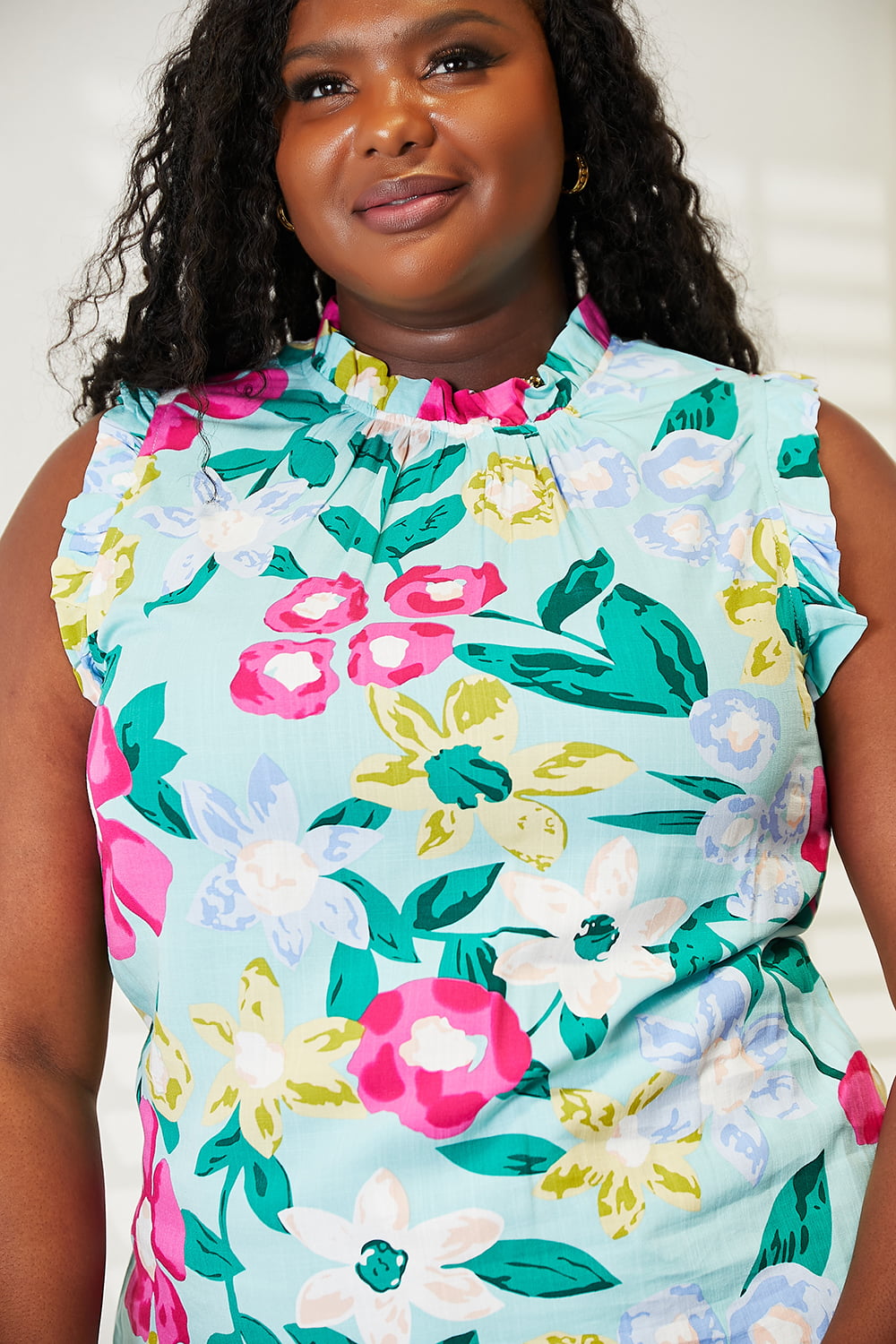 Double Take Floral Print Ruffle Shoulder Blouse - SHIRTS & BLOUSES - Light Green