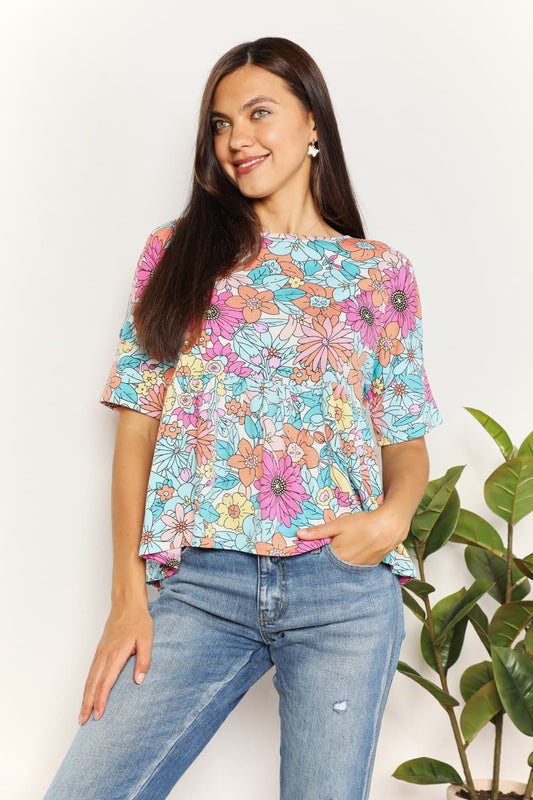 Double Take Floral Round Neck Babydoll Top - Floral / S - TOPS - Floral print