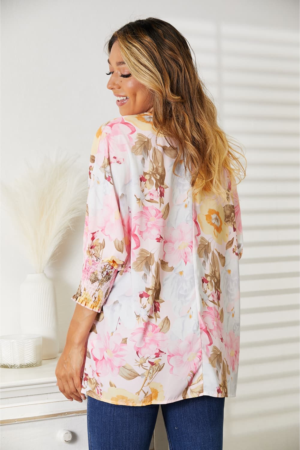 Double Take Floral Round Neck Three-Quarter Sleeve Top - TOPS - Pink