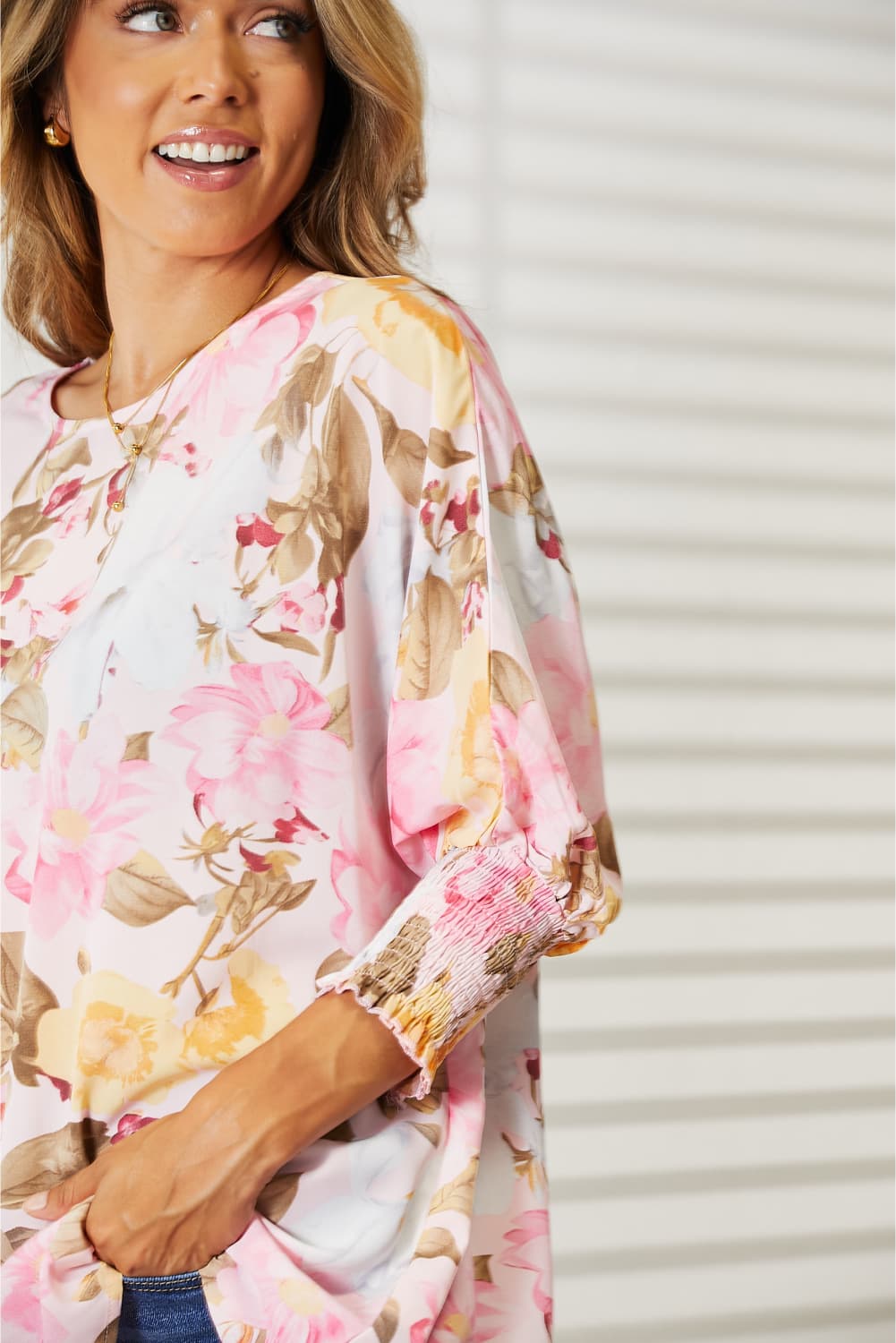 Double Take Floral Round Neck Three-Quarter Sleeve Top - TOPS - Pink