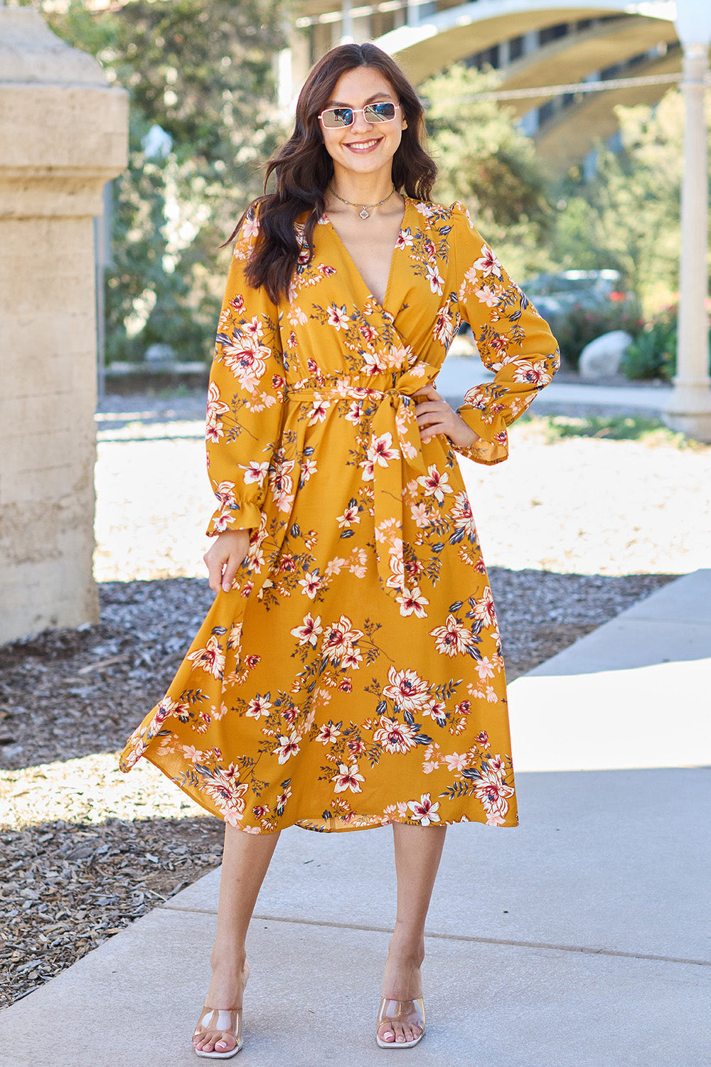 Double Take Full Size Floral Tie Back Flounce Sleeve Dress - Caramel / S - DRESSES - Floral print