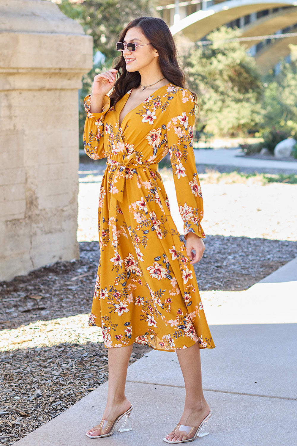 Double Take Full Size Floral Tie Back Flounce Sleeve Dress - DRESSES - Floral print