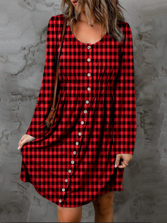 Double Take Full Size Plaid Round Neck Long Sleeve Magic Dress - Deep Red / S - DRESSES - Red