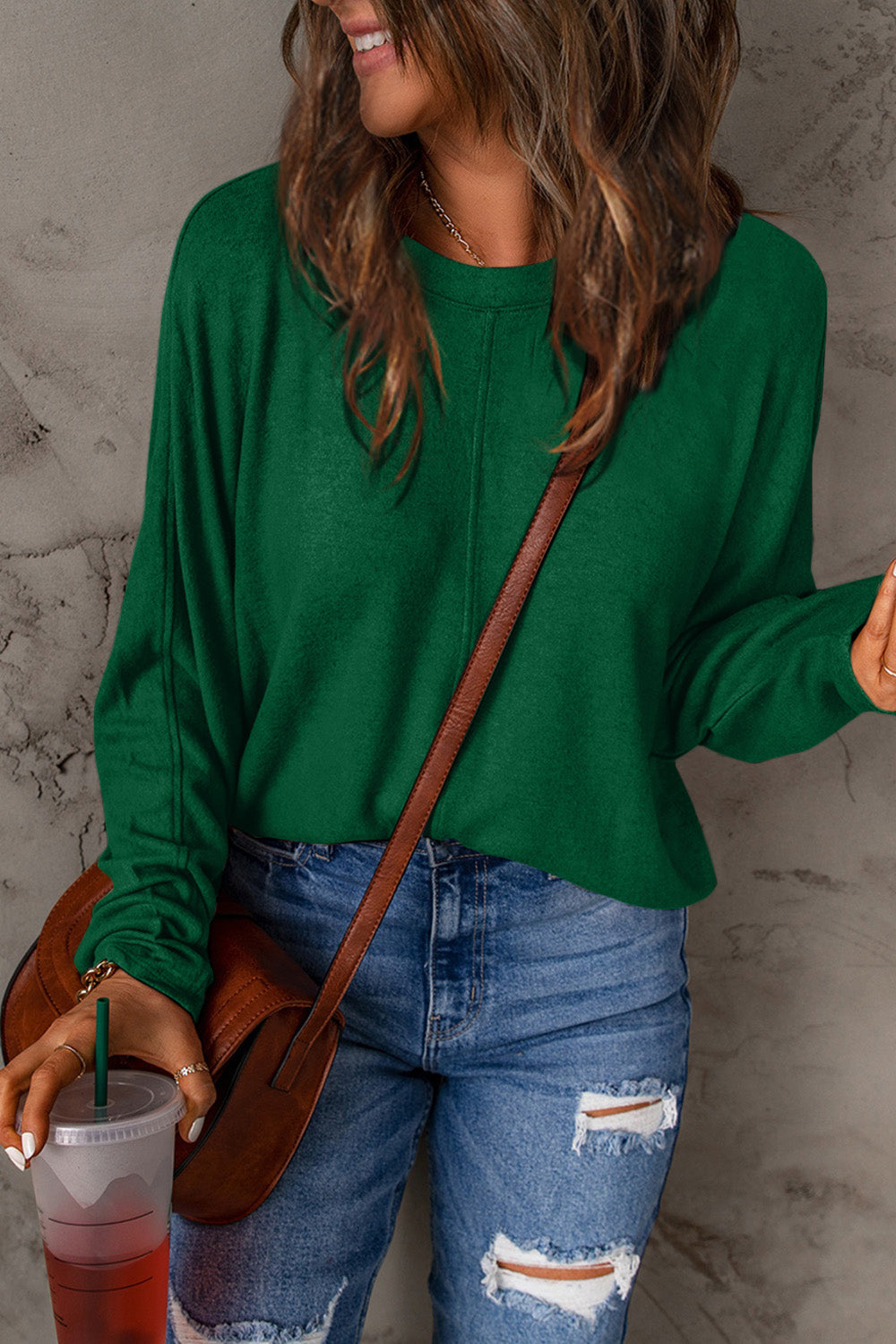 Double Take Full Size Round Neck Long Sleeve T-Shirt - Green / S - SHIRTS & BLOUSES - Mixed