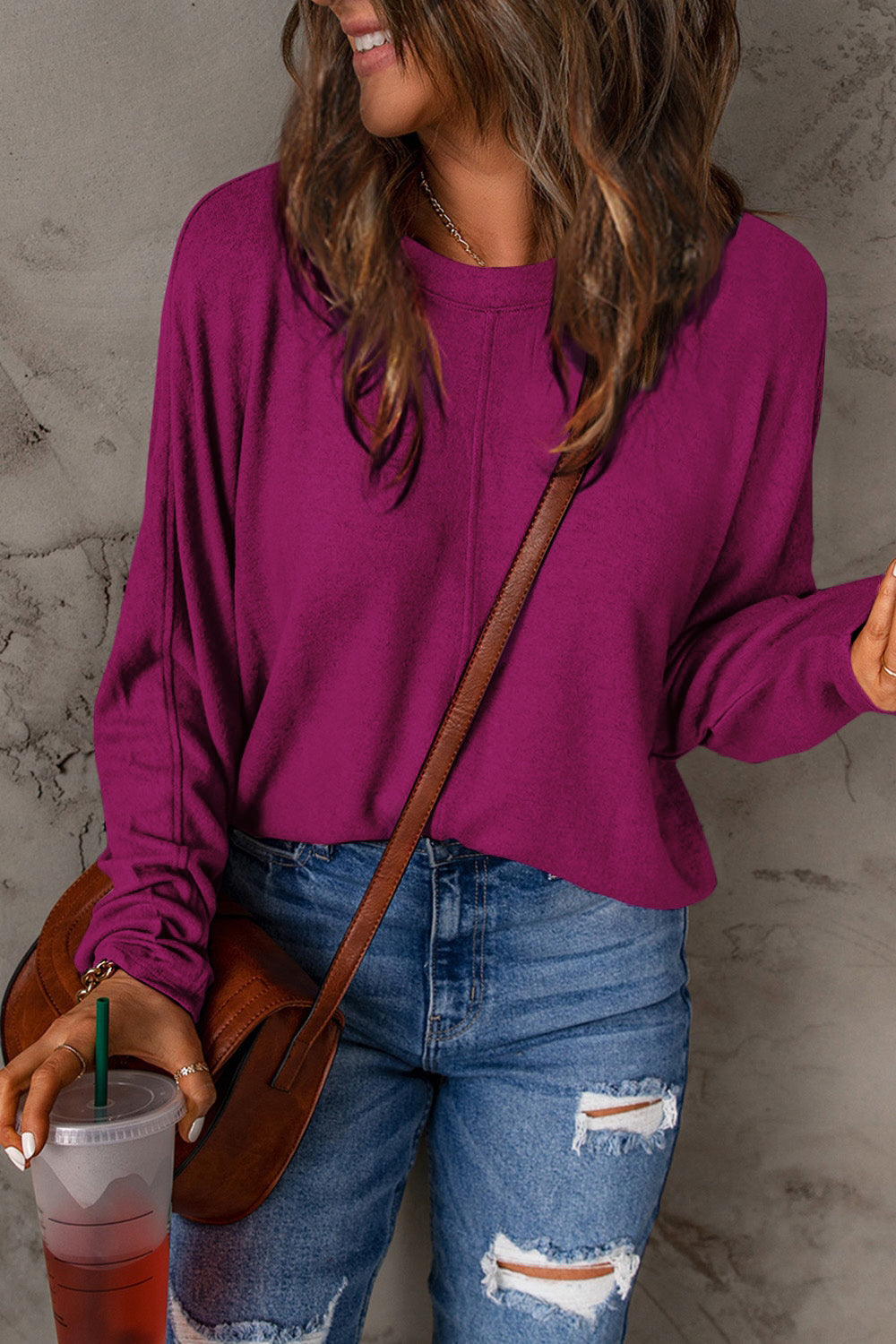 Double Take Full Size Round Neck Long Sleeve T-Shirt - Magenta / S - SHIRTS & BLOUSES - Mixed