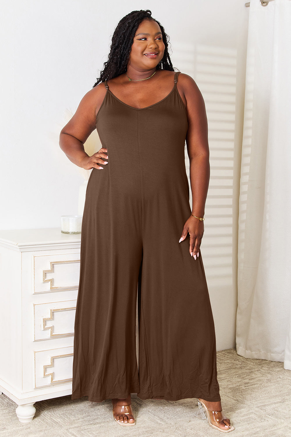 Double Take Full Size Soft Rayon Spaghetti Strap Tied Wide Leg Jumpsuit - Mocha / S - PLUS DRESSES - Black