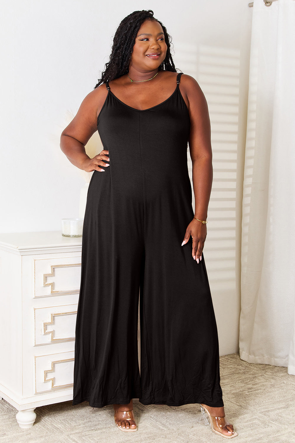 Double Take Full Size Soft Rayon Spaghetti Strap Tied Wide Leg Jumpsuit - Black / S - PLUS DRESSES - Black