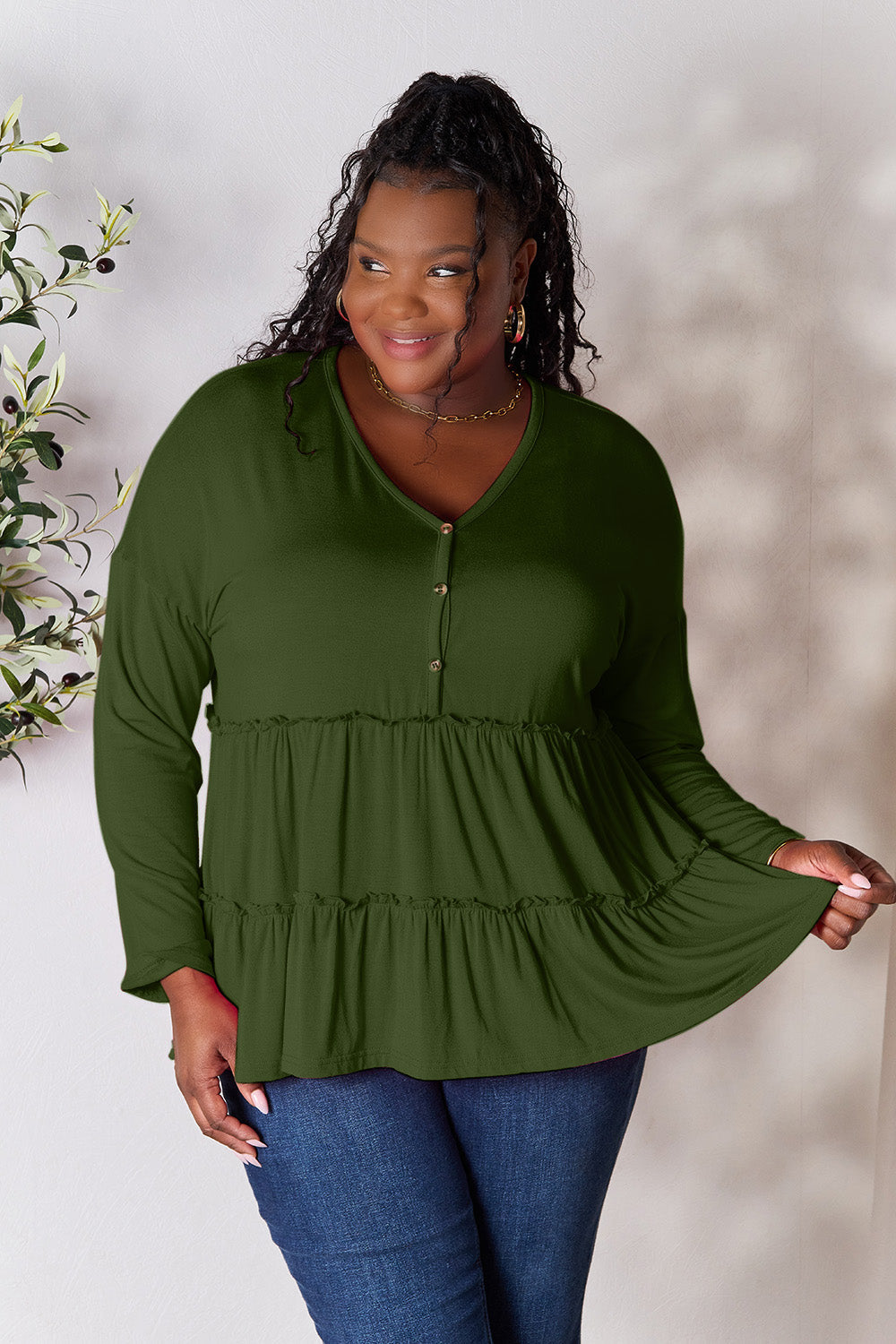 Double Take Half Button Long Sleeve Ruffle Hem Blouse - Army Green / S - TOPS - Mixed