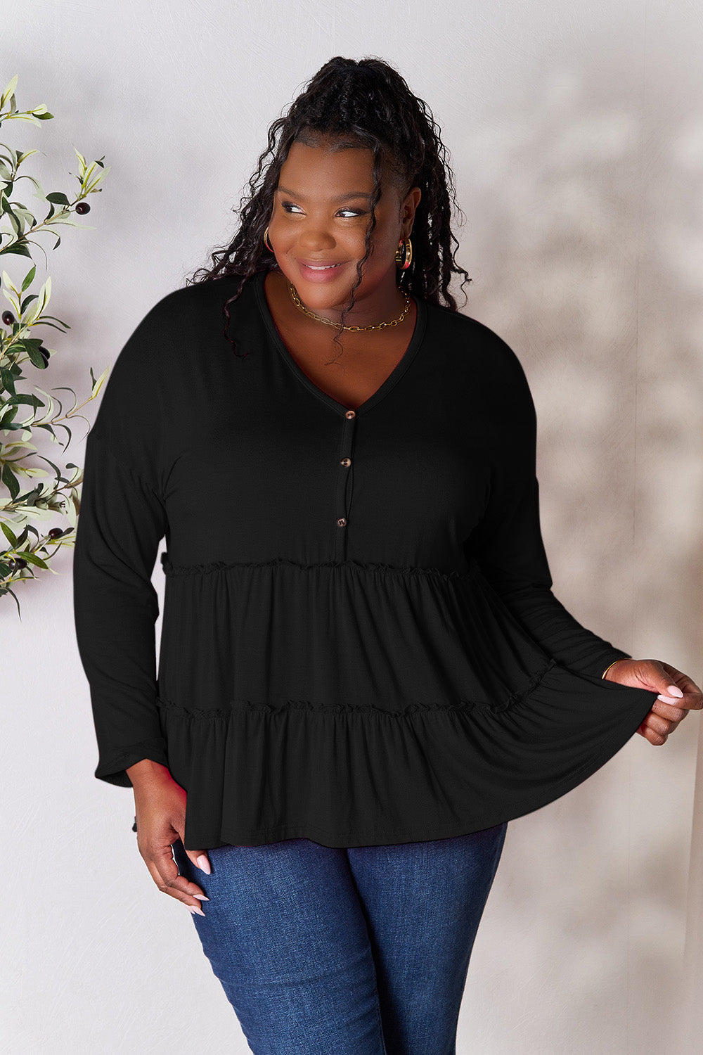 Double Take Half Button Long Sleeve Ruffle Hem Blouse - Black / S - TOPS - Mixed