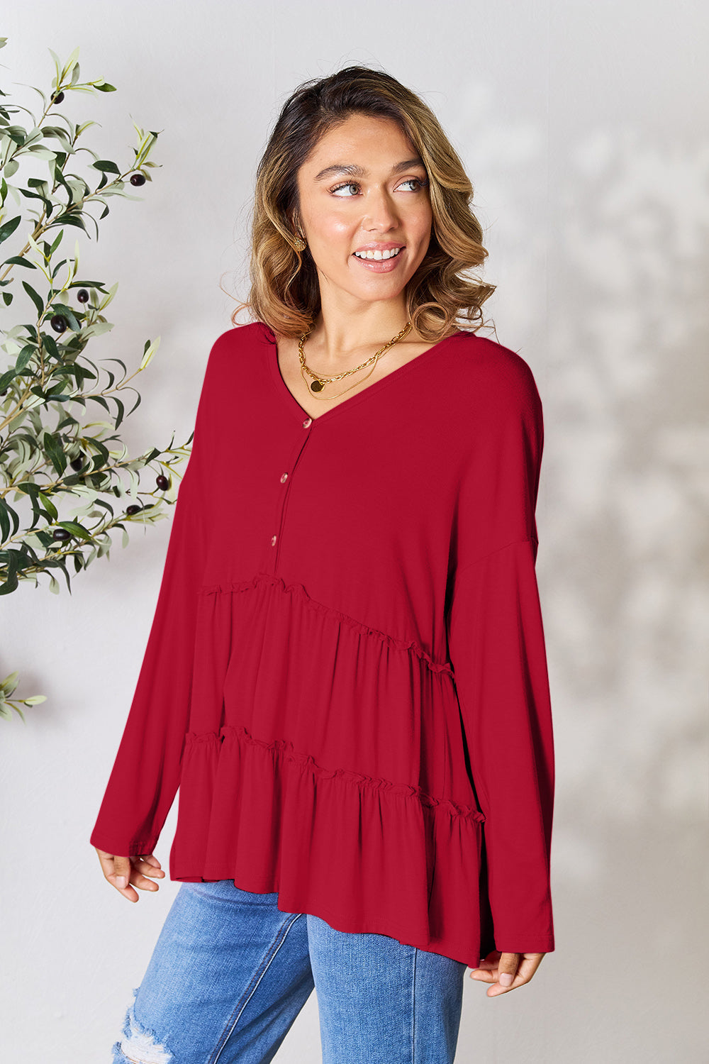 Double Take Half Button Long Sleeve Ruffle Hem Blouse - Burgundy / S - TOPS - Mixed