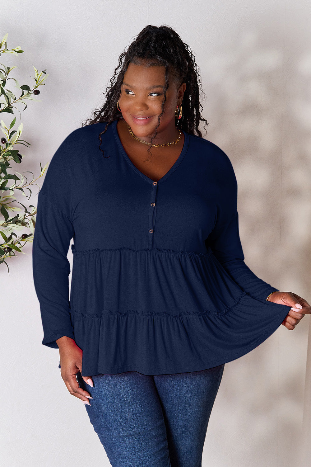 Double Take Half Button Long Sleeve Ruffle Hem Blouse - Dark Blue / S - TOPS - Mixed