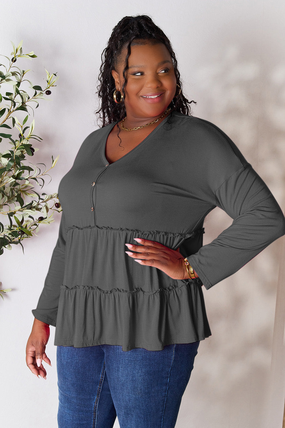 Double Take Half Button Long Sleeve Ruffle Hem Blouse - Dark Gray / S - TOPS - Mixed