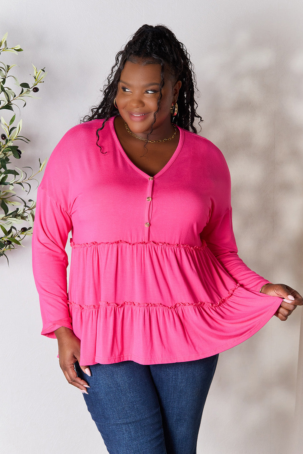 Double Take Half Button Long Sleeve Ruffle Hem Blouse - Hot Pink / S - TOPS - Mixed