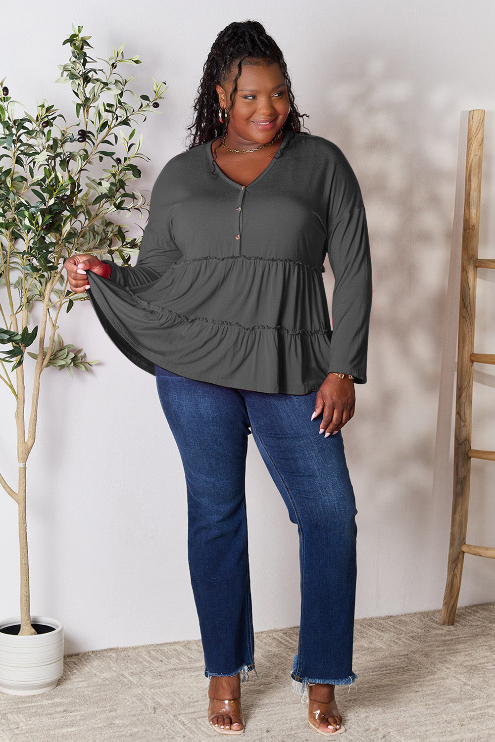 Double Take Half Button Long Sleeve Ruffle Hem Blouse - TOPS - Mixed