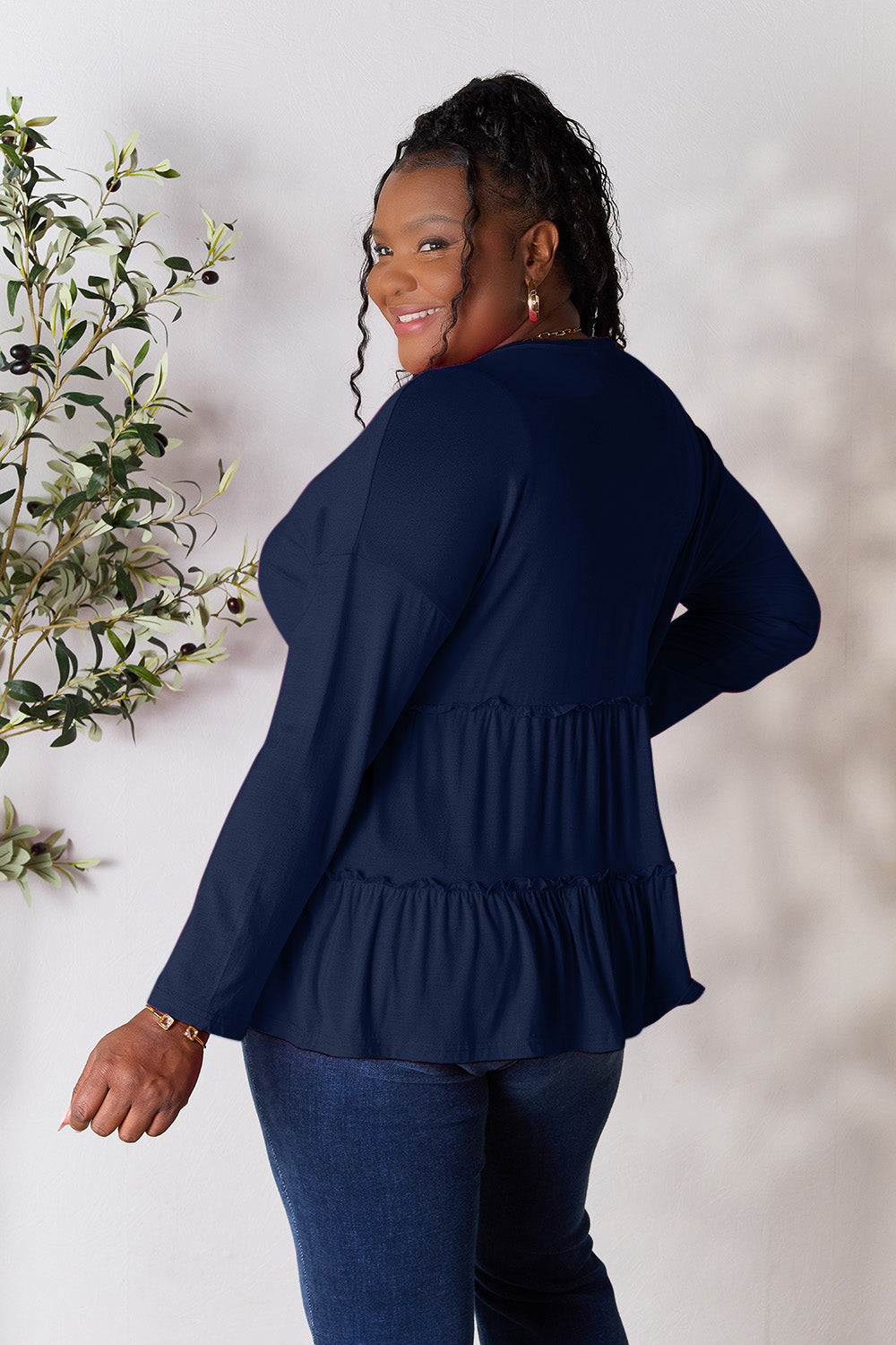 Double Take Half Button Long Sleeve Ruffle Hem Blouse - TOPS - Mixed