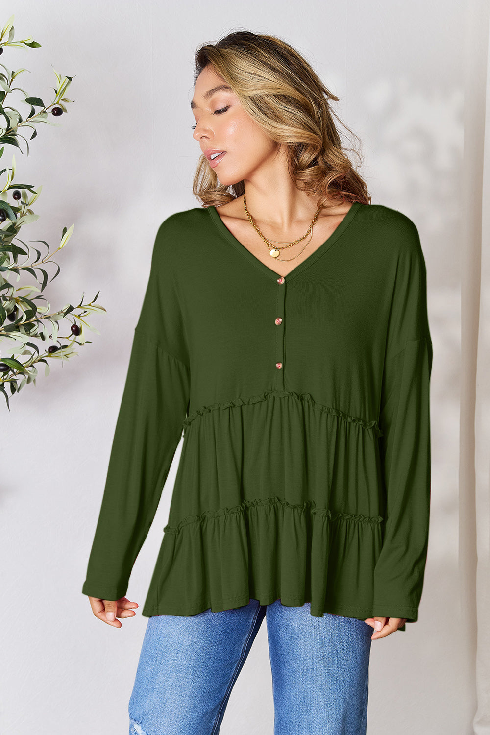 Double Take Half Button Long Sleeve Ruffle Hem Blouse - TOPS - Mixed