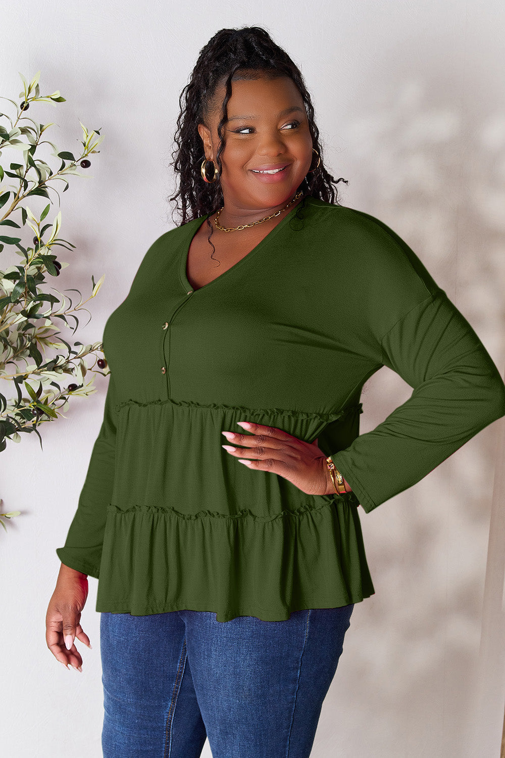 Double Take Half Button Long Sleeve Ruffle Hem Blouse - TOPS - Mixed