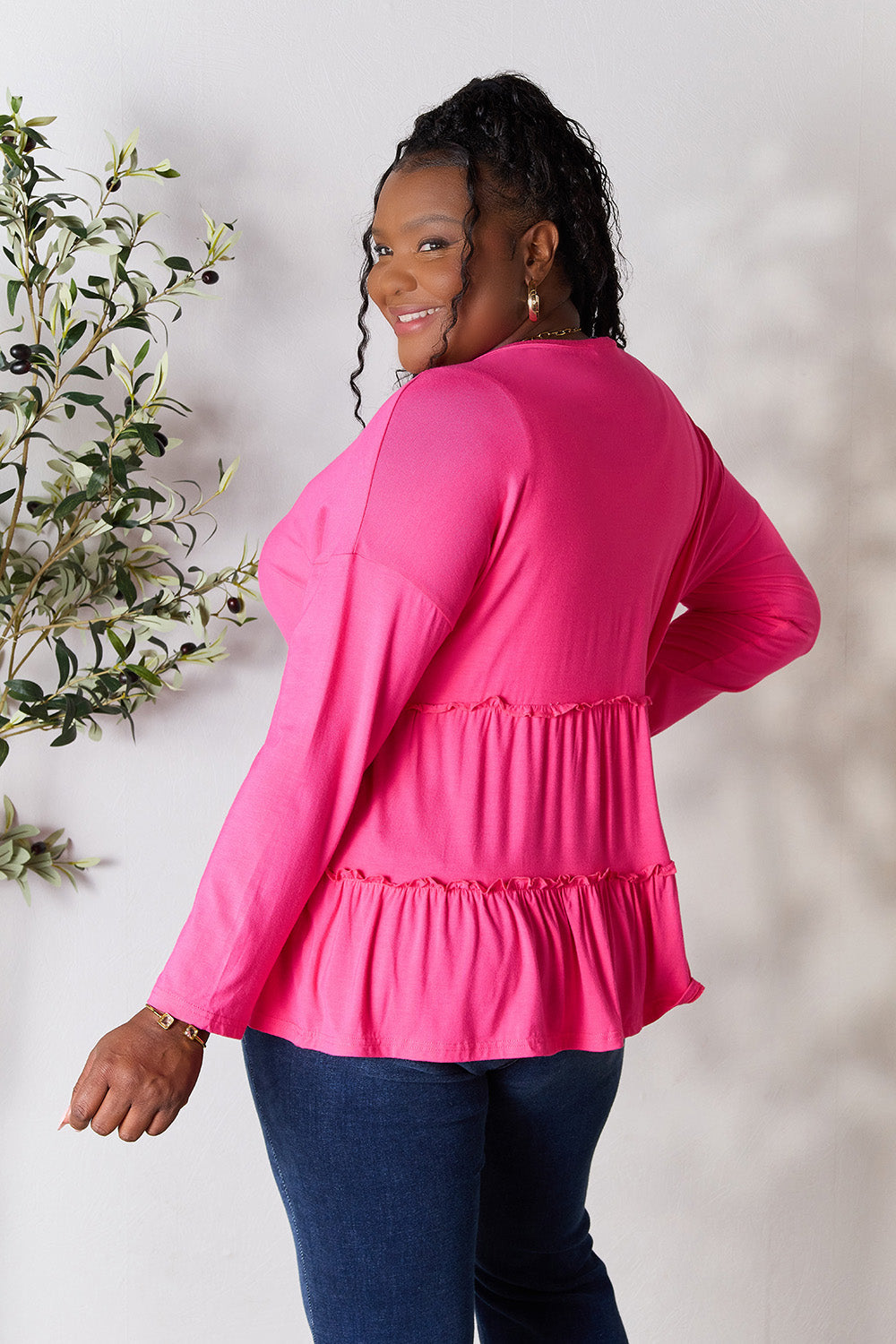 Double Take Half Button Long Sleeve Ruffle Hem Blouse - TOPS - Mixed