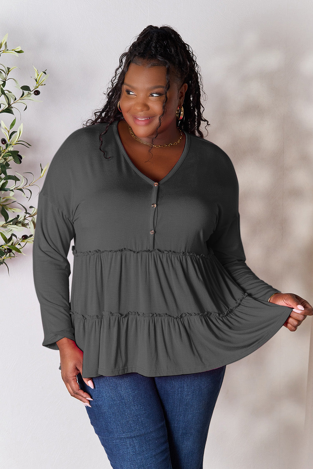 Double Take Half Button Long Sleeve Ruffle Hem Blouse - TOPS - Mixed