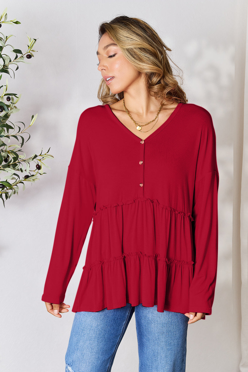 Double Take Half Button Long Sleeve Ruffle Hem Blouse - TOPS - Mixed