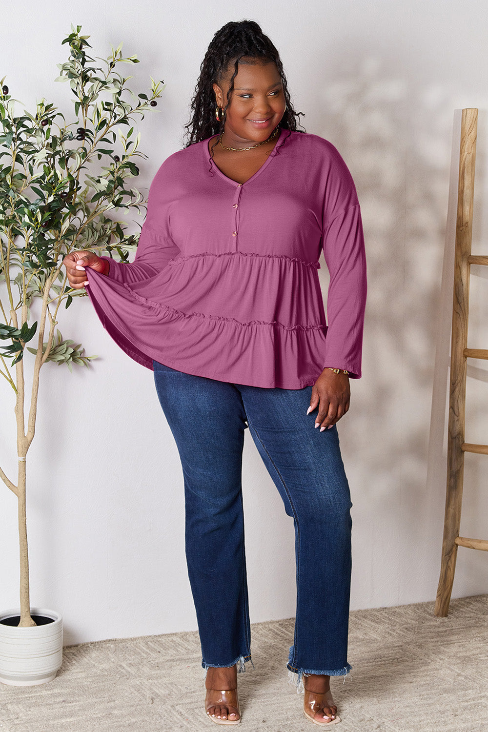 Double Take Half Button Long Sleeve Ruffle Hem Blouse - TOPS - Mixed