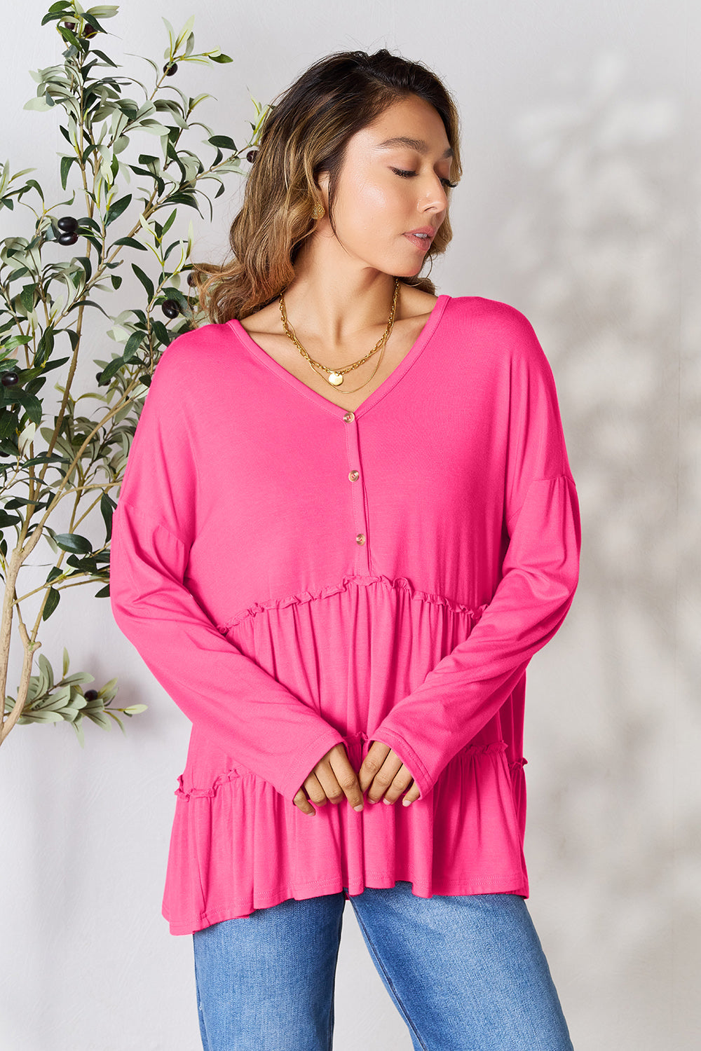 Double Take Half Button Long Sleeve Ruffle Hem Blouse - TOPS - Mixed