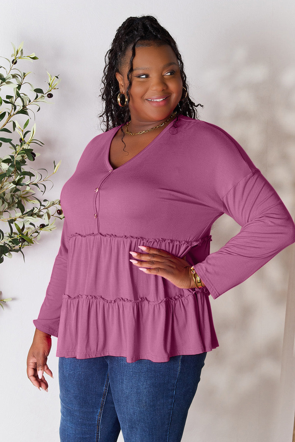 Double Take Half Button Long Sleeve Ruffle Hem Blouse - TOPS - Mixed