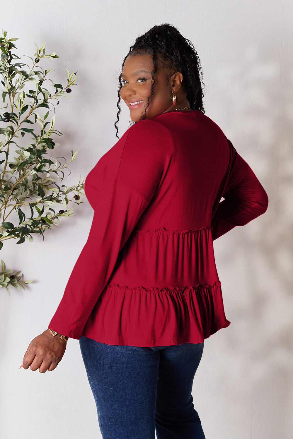 Double Take Half Button Long Sleeve Ruffle Hem Blouse - TOPS - Mixed