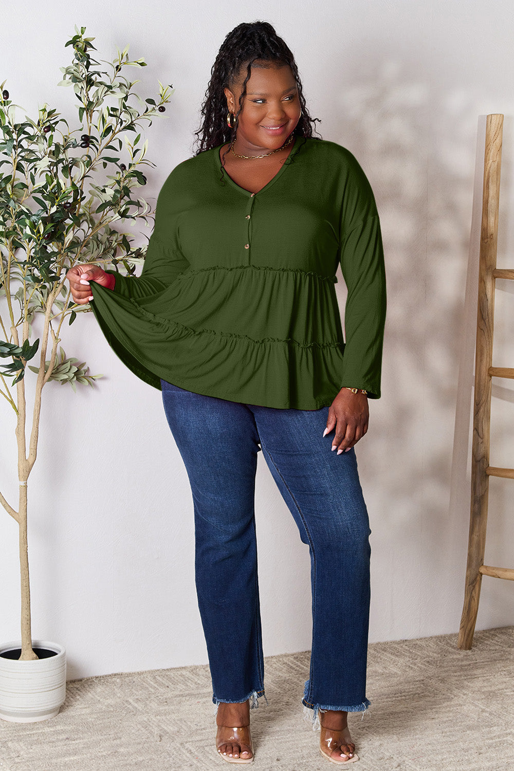 Double Take Half Button Long Sleeve Ruffle Hem Blouse - TOPS - Mixed